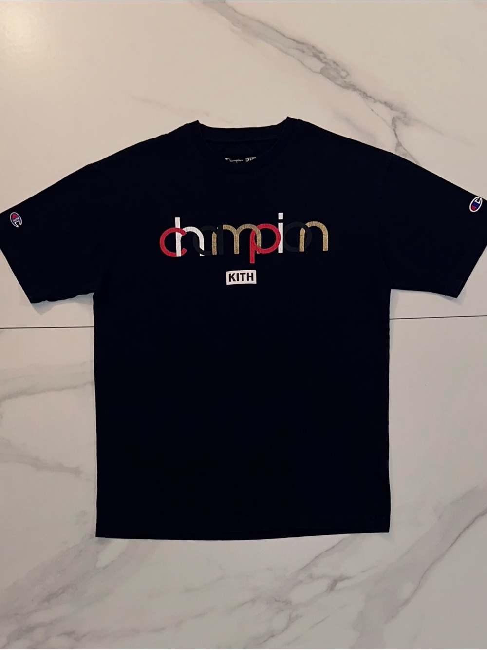 Kith x Champion Double Logo Tee Navy Blue Size Small